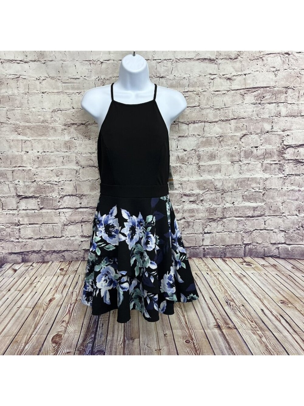 Speechless Black Halter Neck Floral Hem Fit & Flare Dress